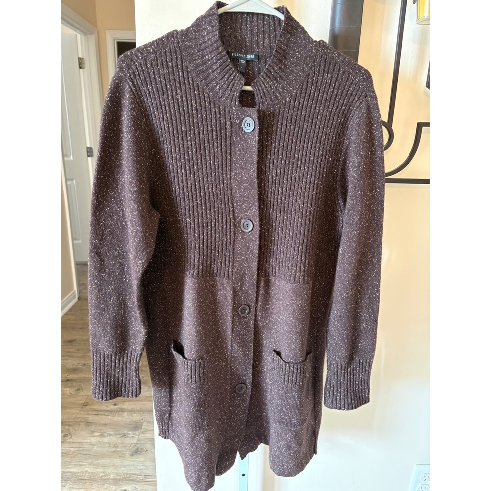 Eileen Fisher Brown Donegal Tweed Ribbed Knit Button Front Cardigan Sweater L